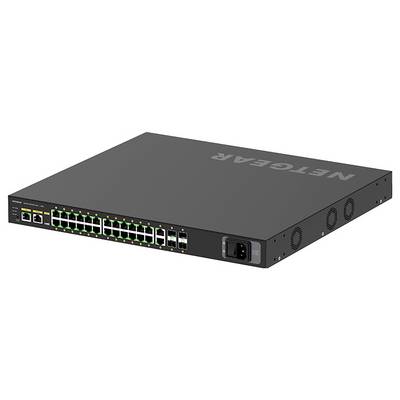 Vorderansicht eines NETGEAR-Netzwerk-Rackmount-Switches mit vielen Ethernet-Anschlüssen und einer Stromeingangsbuche auf der rechten Seite.