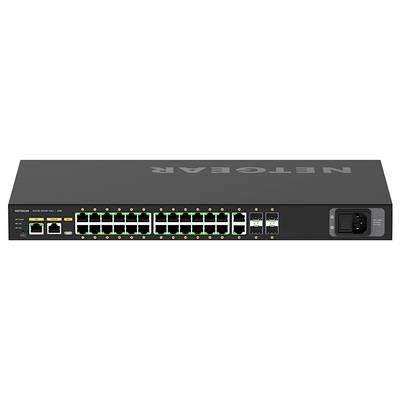 Vorderansicht eines NETGEAR-Netzwerk-Switches mit vielen Ethernet-Anschlüssen, Status-LEDs und einem Stromstecker auf der rechten Seite.