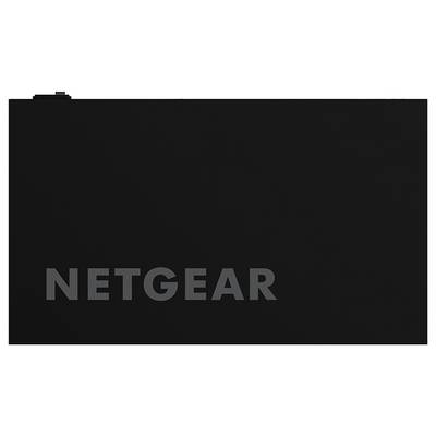 Schwarzes NETGEAR-Gerät mit Frontblende, NETGEAR-Logo in der unteren linken Ecke.