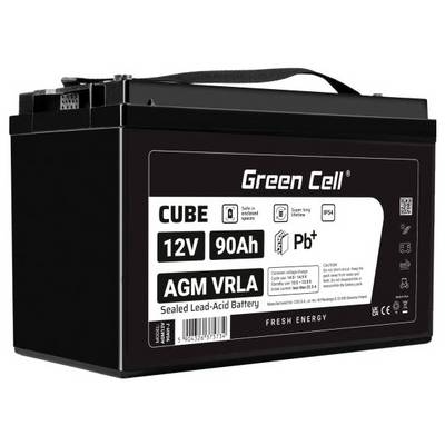 Black Green Cell Cube 12V 90Ah AGM VRLA versiegelte Bleisäurebatterie mit Tragegriff und Frontschild.