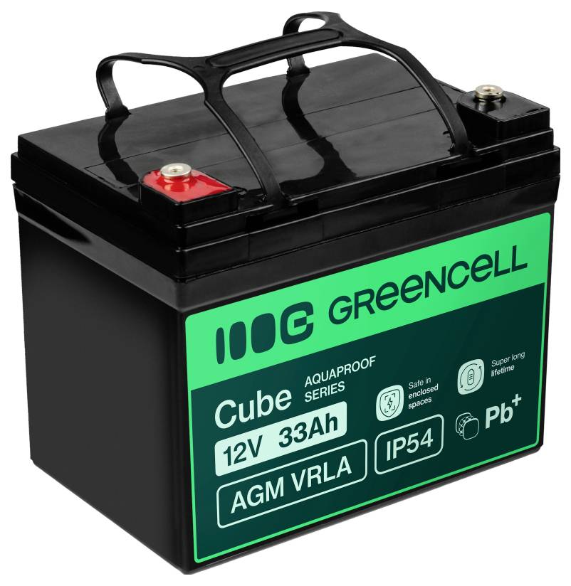 Schwarze Greencell Cube 12V 33Ah AGM VRLA-Batterie mit Oberterminals und Tragegriff, gezeigt auf weißem Hintergrund.