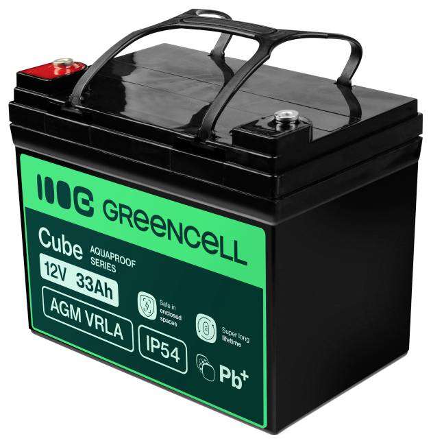 Schwarze Greencell Cube 12V 33Ah AGM VRLA-Batterie mit Tragegriff und roten/schwarzen Anschlüssen, dargestellt auf weißem Hintergrund.