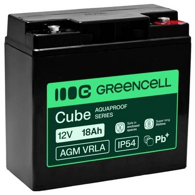 Schwarze GREENCELL Cube 12V 18Ah AGM VRLA Batterie mit grünem Etikett und Oberflächenpolklemmen.
