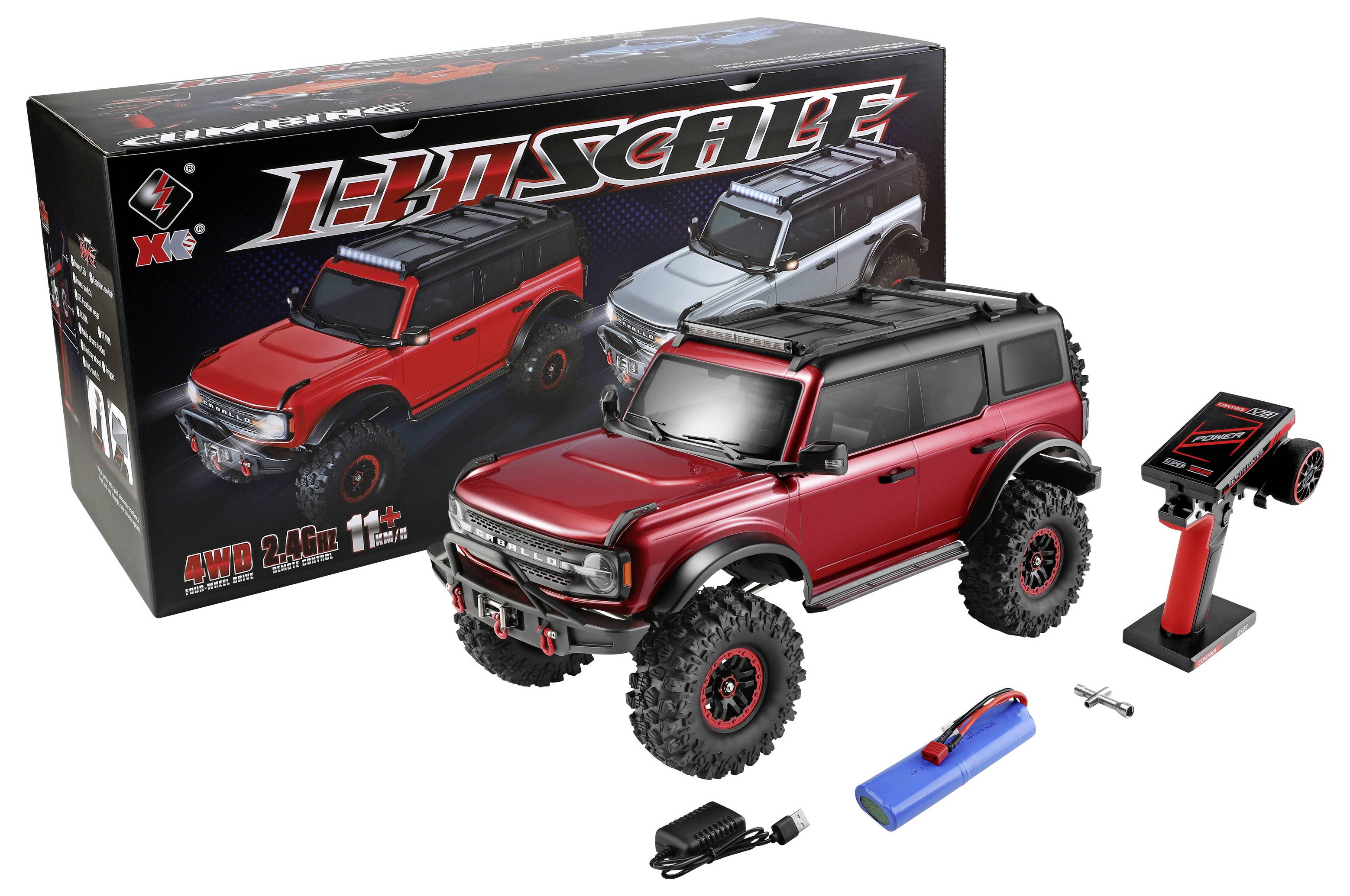 Spielzeug-Set „Iron Scale" RC-Geländewagen mit rot-schwarzem Jeep-ähnlichem Fahrzeug, Fernbedienung, Batterie, Ladegerät und Verpackungskarton.