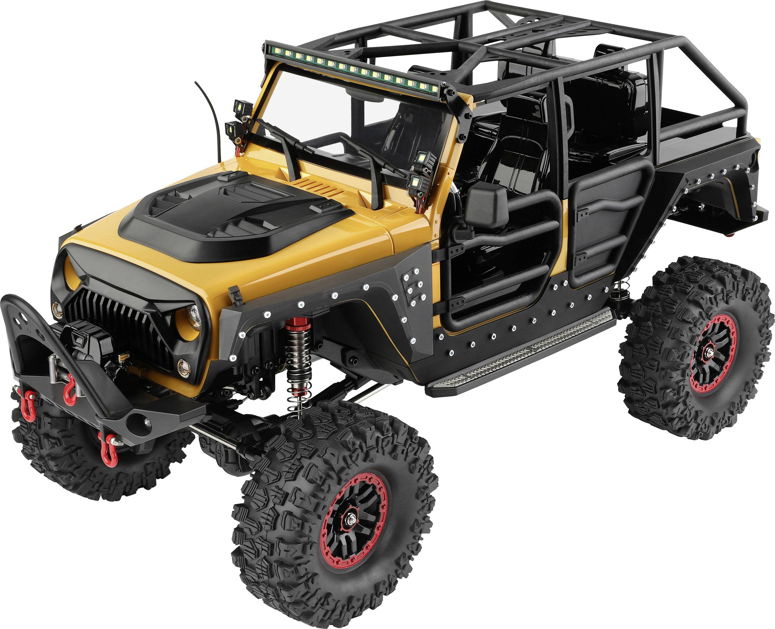 Gelb-schwarzer Geländewagen im Jeep-Stil mit Überrollbügel, großen Reifen und offenen Türen, gezeigt in Dreiviertelsicht auf weißem Hintergrund.