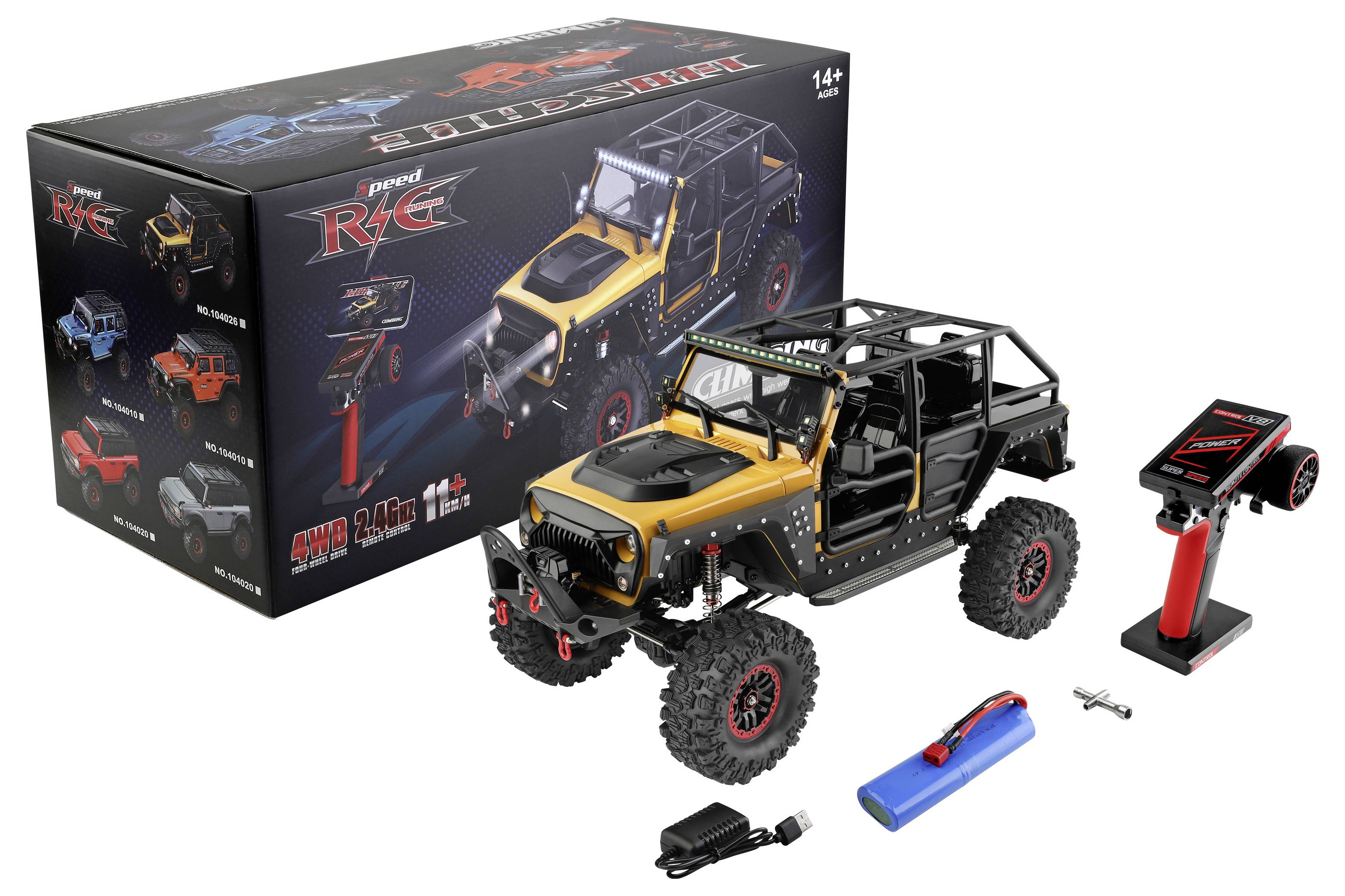 Ferngesteuerte Gelände-Kletterlaster-Set mit Controller, Batterie und Ladegerät, gezeigt mit seiner Verpackung.