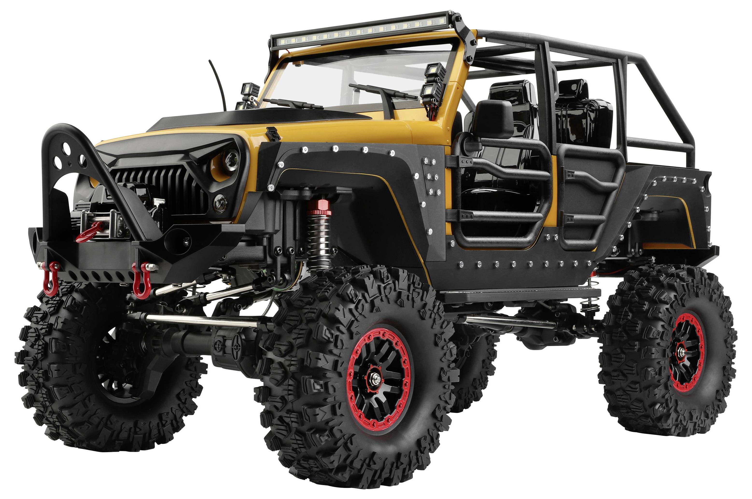 Schwarzer und orangefarbener Geländewagen im Jeep-Stil mit großen Profilreifen, offener Überrollbügel und vorderem Winde auf weißem Hintergrund.