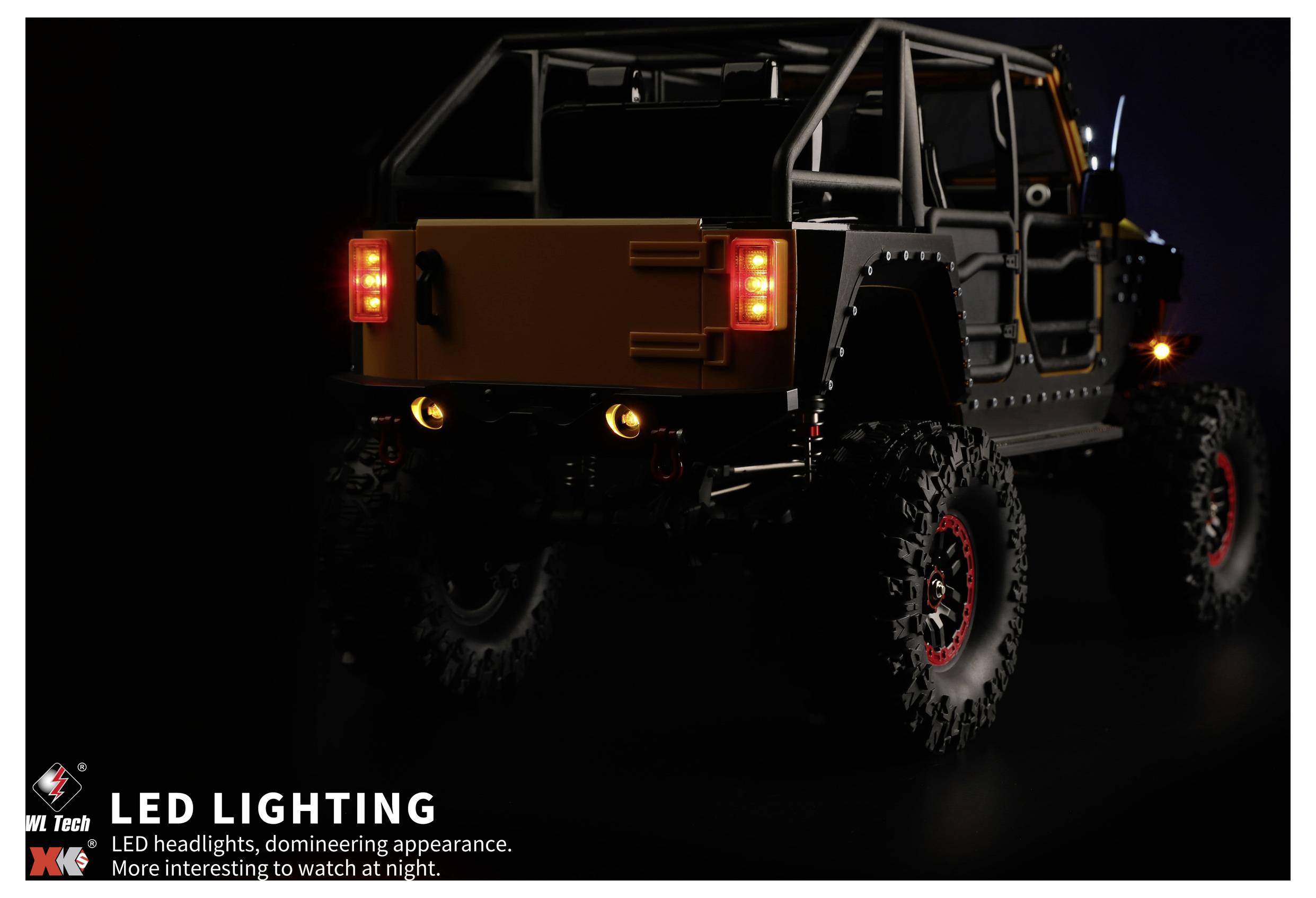 Rückansicht aus drei Vierteln eines geländetauglichen Jeep-ähnlichen Lastwagens mit leuchtenden Rückleuchten und Unterbodenbeleuchtung mit LEDs, gezeigt in einer dunklen Umgebung mit dem Text „LED LIGHTING".