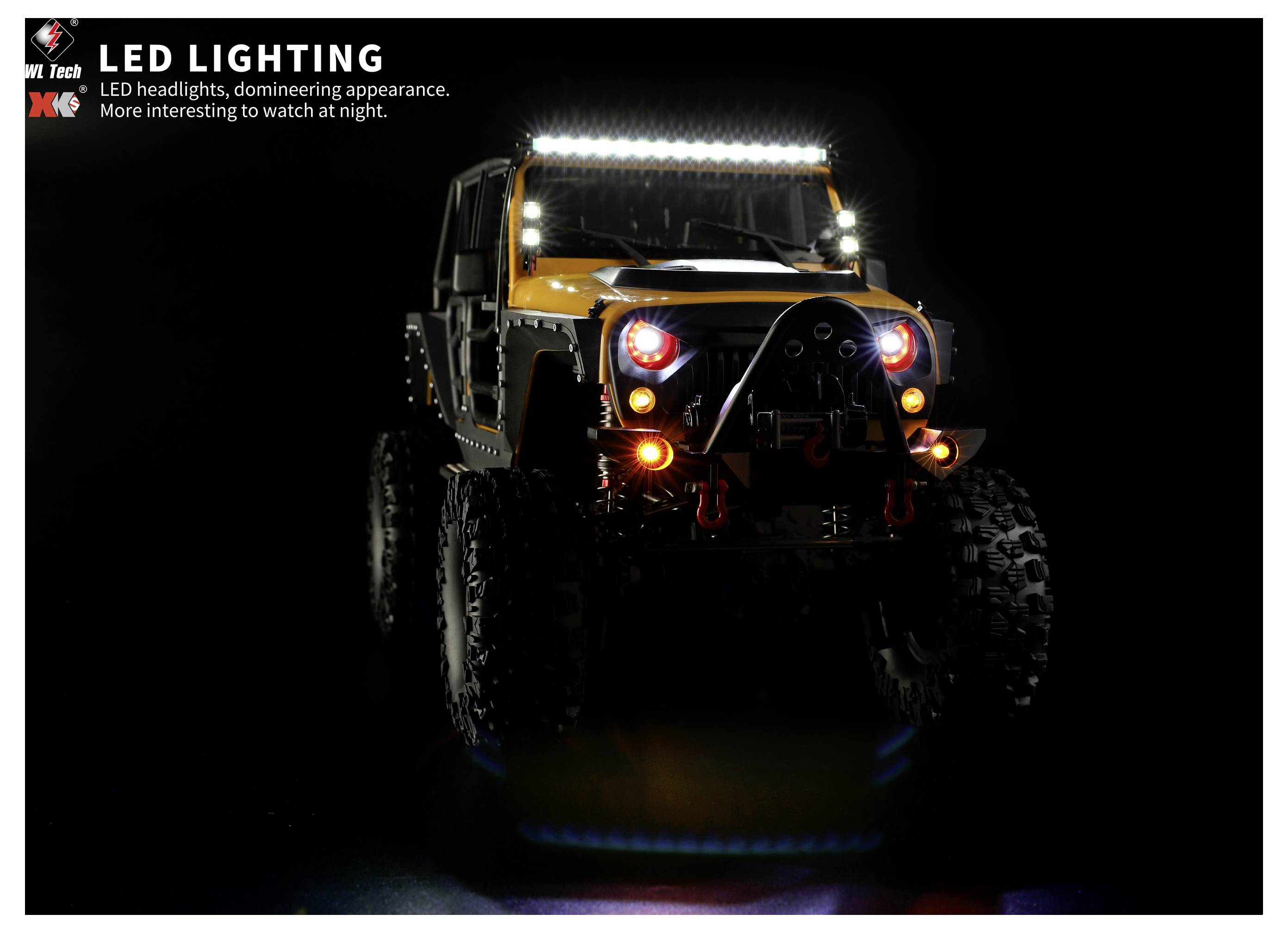 Geländewagen mit hellen LED-Leuchten auf Dach, Kühlergrill und Stoßstange vor dunklem Hintergrund, die Nachtsichtbarkeit und robustes Design veranschaulichen.