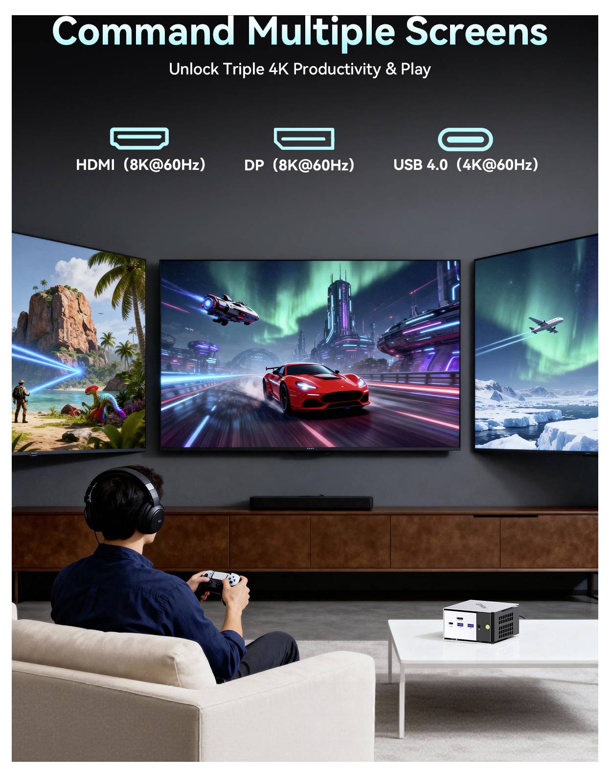Werbegrafik mit Triple-Screen-4K-Setup zum Spielen und für die Produktivität, mit HDMI-, DP- und USB-4.0-Unterstützung; eine Person sitzt auf einer Couch und spielt auf drei wandmontierte Displays gerichtet.