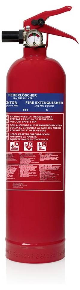 Roter Feuerlöscher mit Druckmessgerät und rotem Griff, auf der Vorderseite mit den Aufschriften "FEUERLÖSCHER" und "FIRE EXTINGUISHER" gekennzeichnet.