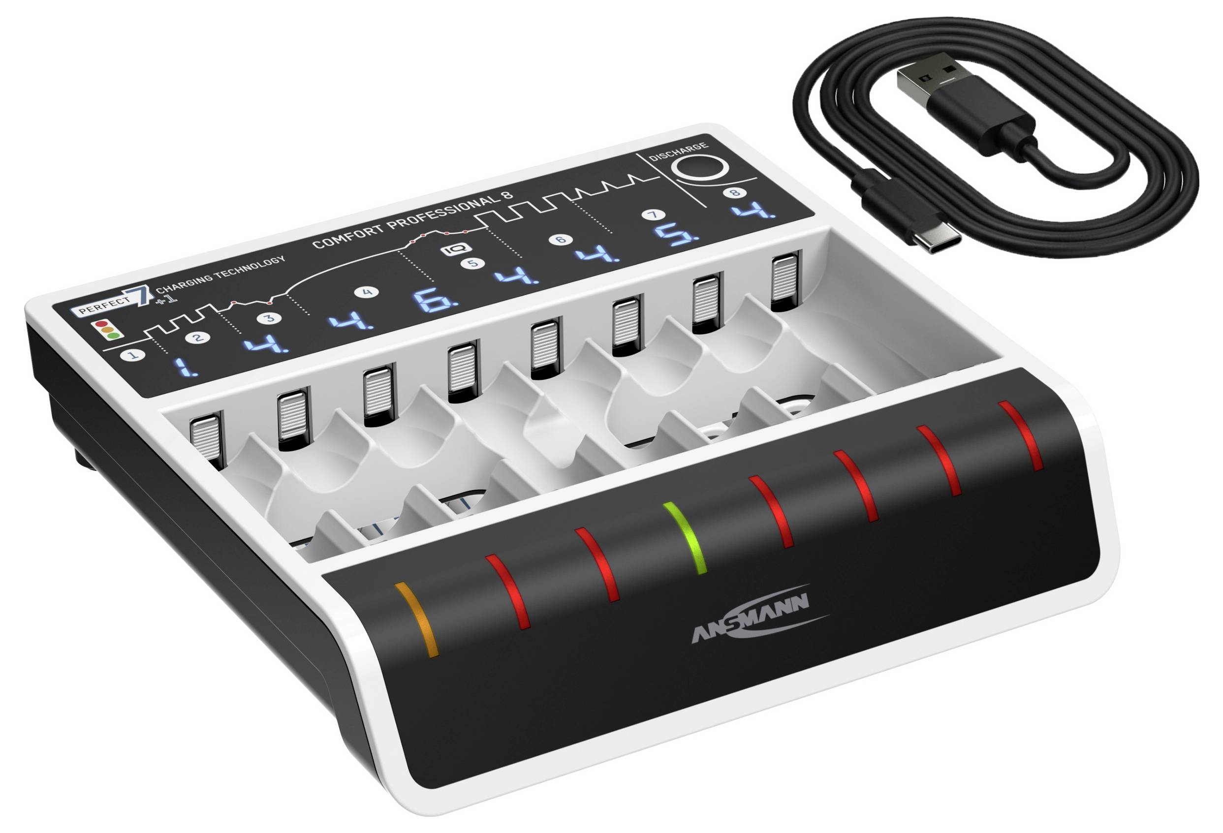 Achtfach-Batterieladegerät mit individuellen Ladeindikatoren und USB-Kabel, entwickelt zum Laden von wiederaufladbaren Batterien.