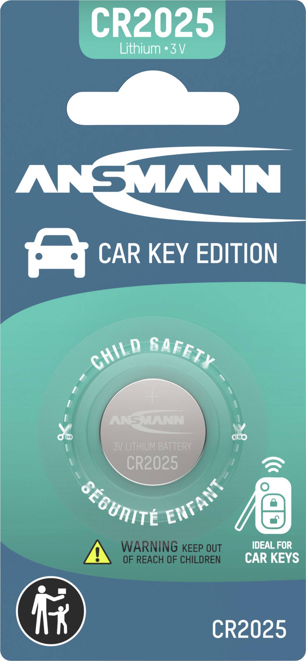 ANSMANN CR2025 Lithium-Batterie 3V Batteriepaket mit der Bezeichnung „Car Key Edition" und „Child Safety", mit Warnung, um außerhalb der Reichweite von Kindern zu halten.