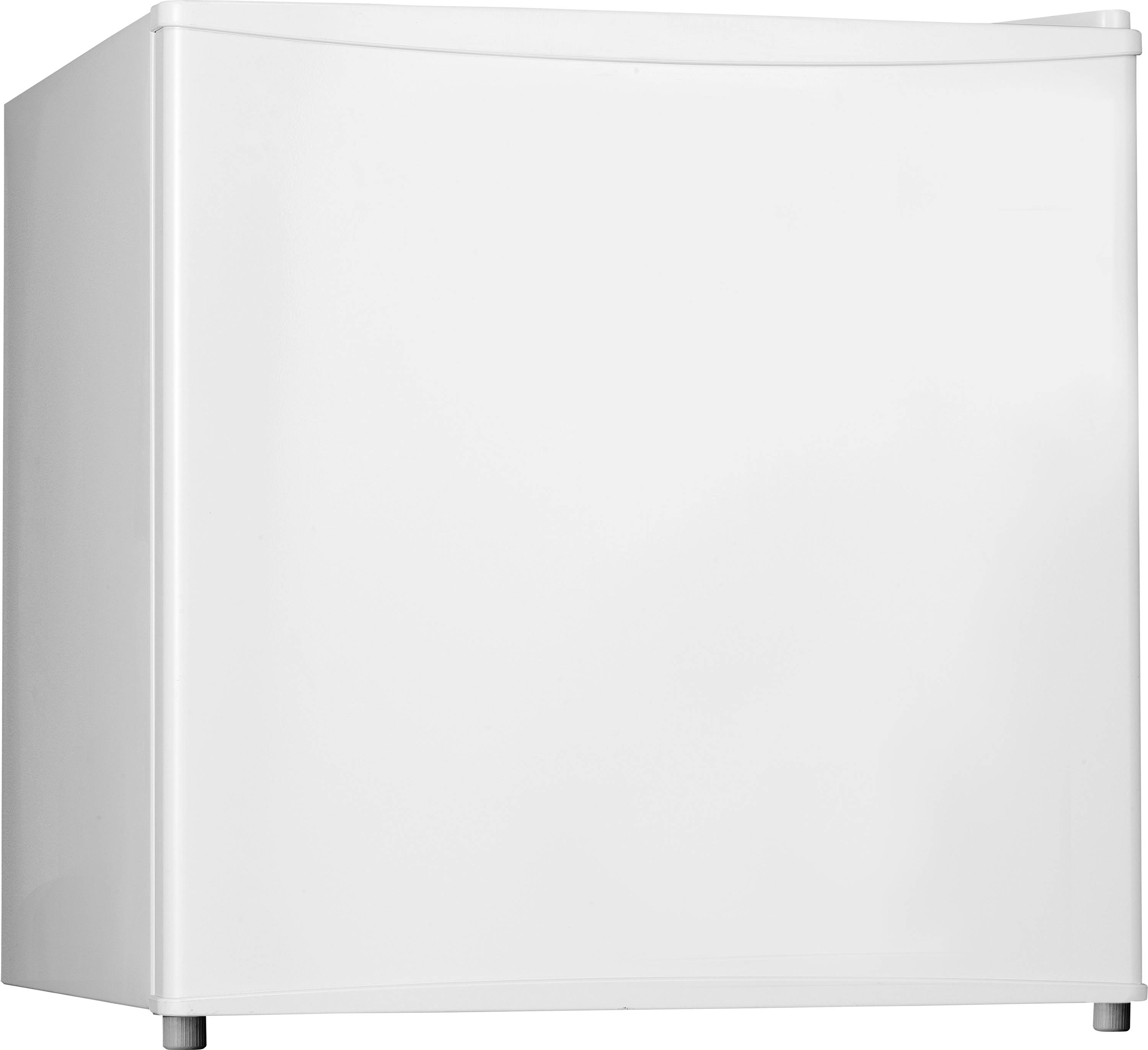 Weißer kompakter Mini-Kühlschrank mit einer schlichten Fronttür, gezeigt auf weißem Hintergrund.