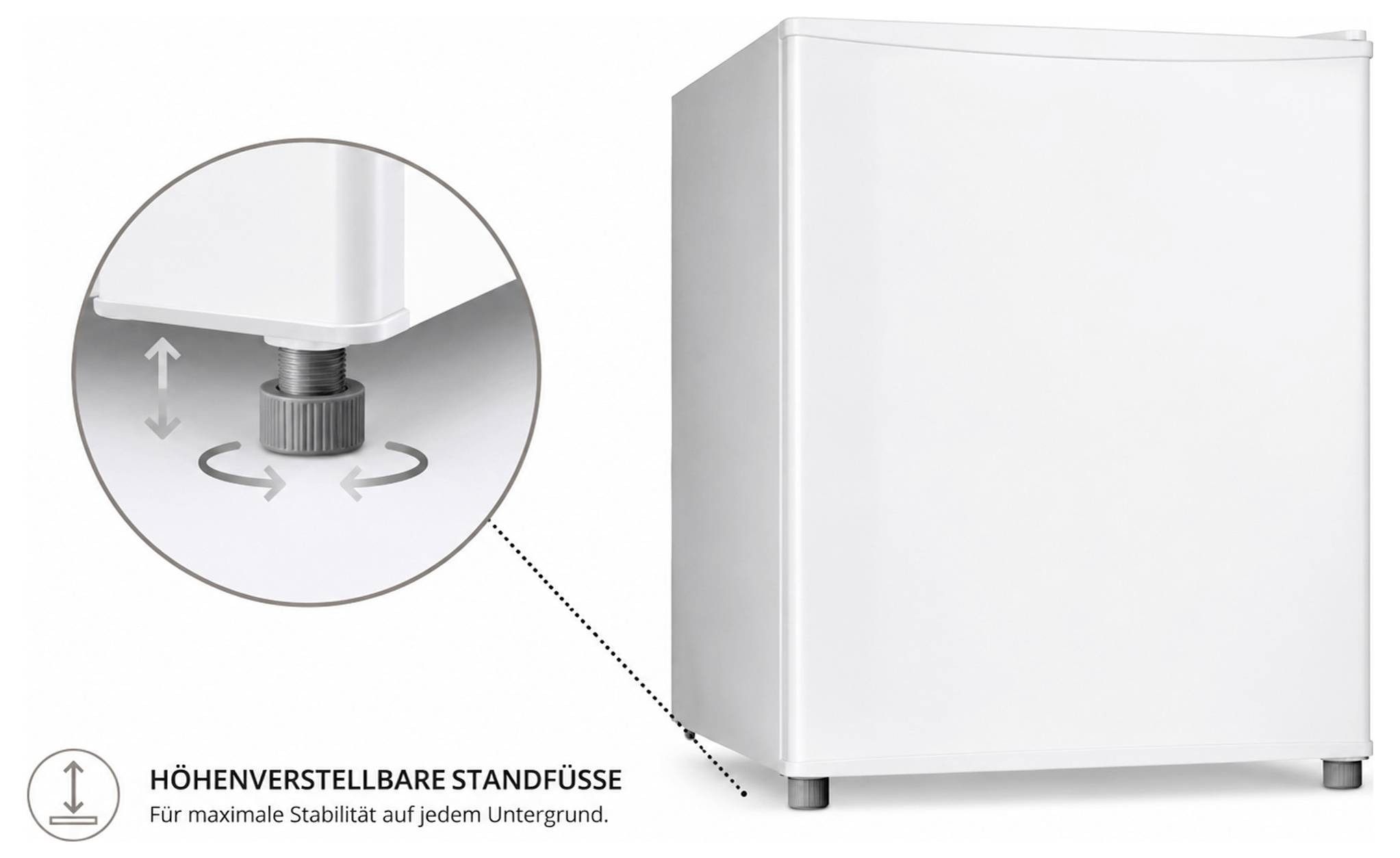Weißer Mini-Kühlschrank mit höhenverstellbarem Standfuß; Detail zeigt drehbaren Fuß zur Stabilisierung auf unebenem Untergrund.