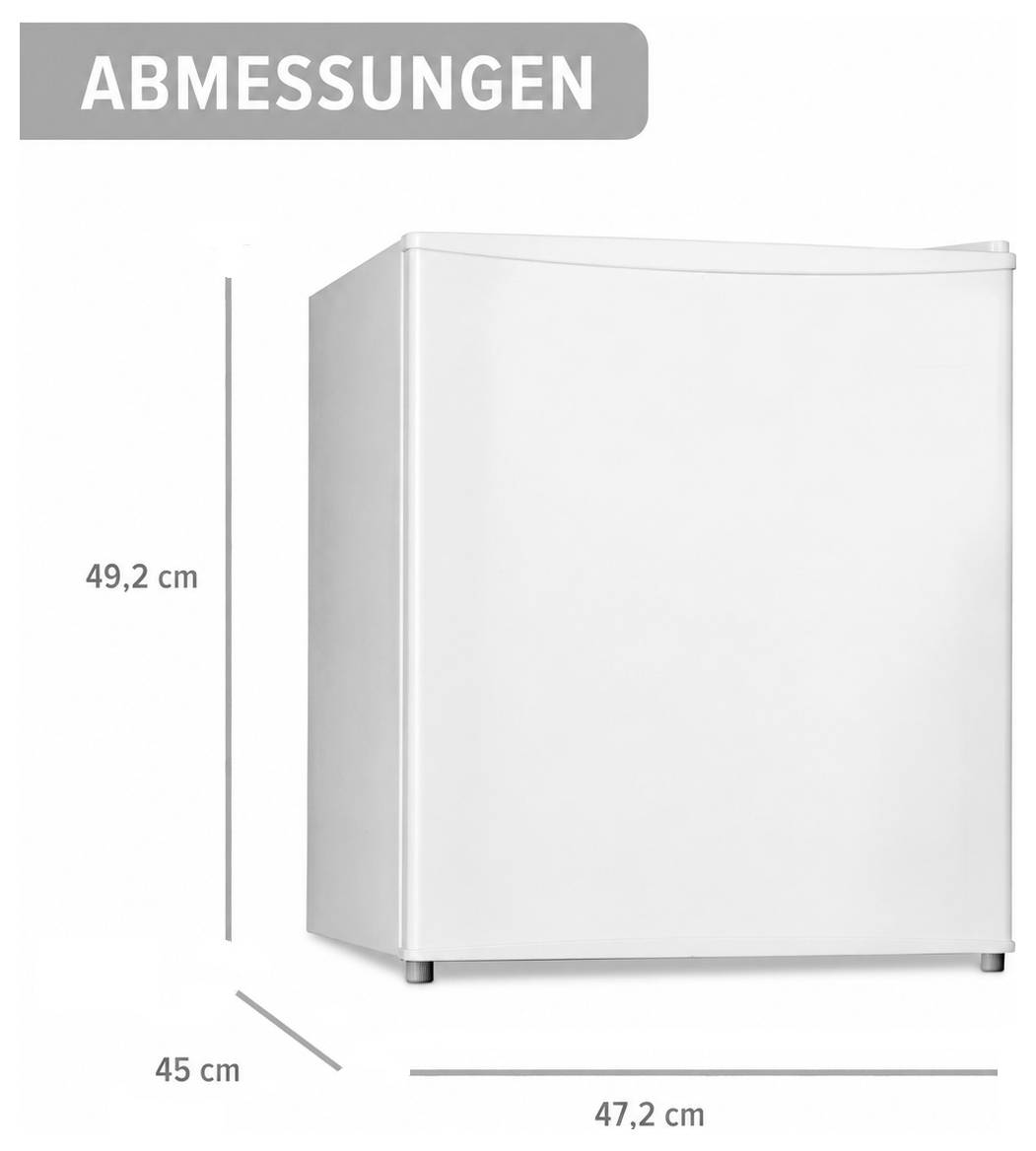 Maße eines kleinen weißen Kühlschranks: Höhe 49,2 cm, Breite 47,2 cm, Tiefe 45 cm.