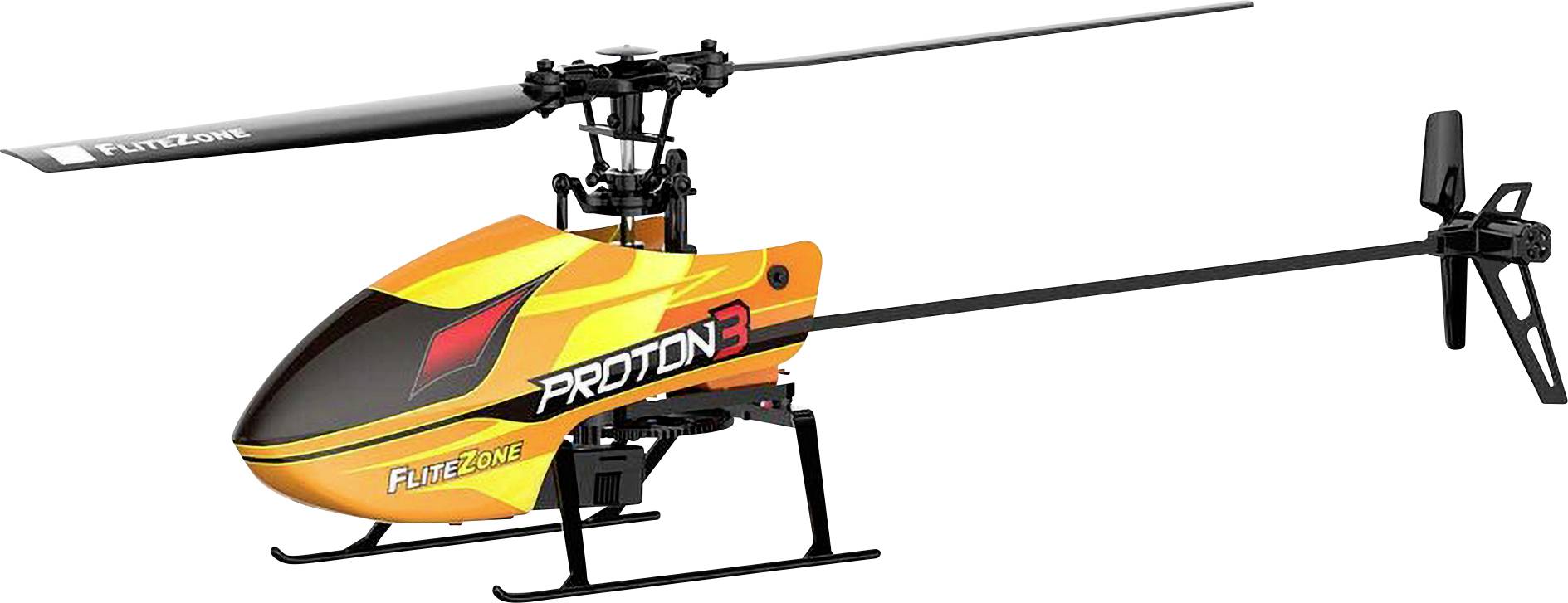 Orange und schwarzer RC-Hubschrauber mit der Bezeichnung „PROTOS 3" mit langem Heckausleger und Kufen, in Seitenansicht auf weißem Hintergrund.