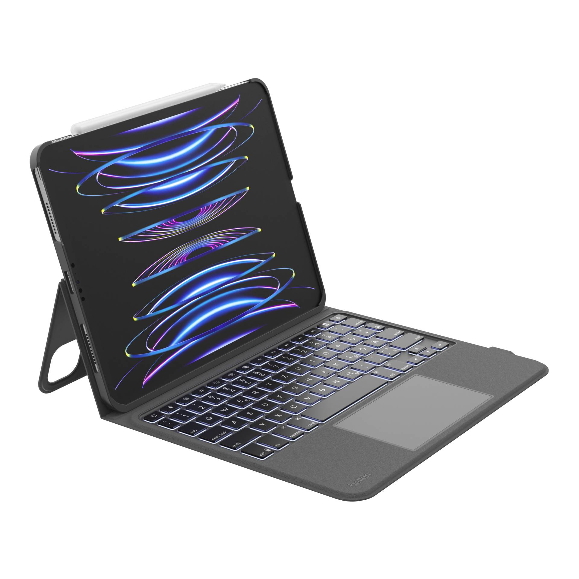 Tablet in einem Tastaturgehäuse mit Trackpad, offen in einem Winkel auf weißem Hintergrund gezeigt.