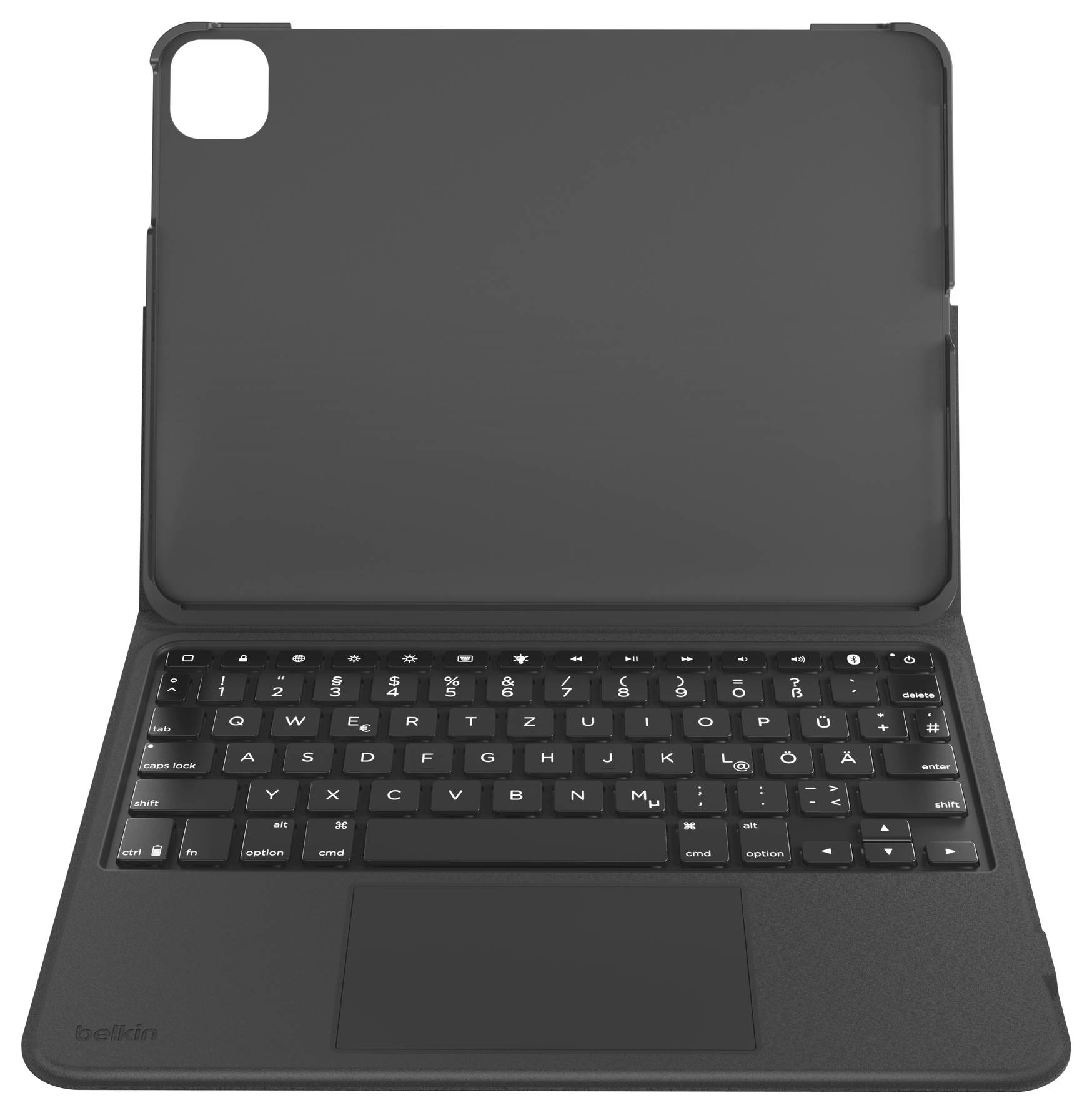 Schwarze Tablet-Tastaturhülle mit integrierter Tastatur und Trackpad, aufgeklappt gezeigt mit Kameraausschnitt auf der oberen Abdeckung.