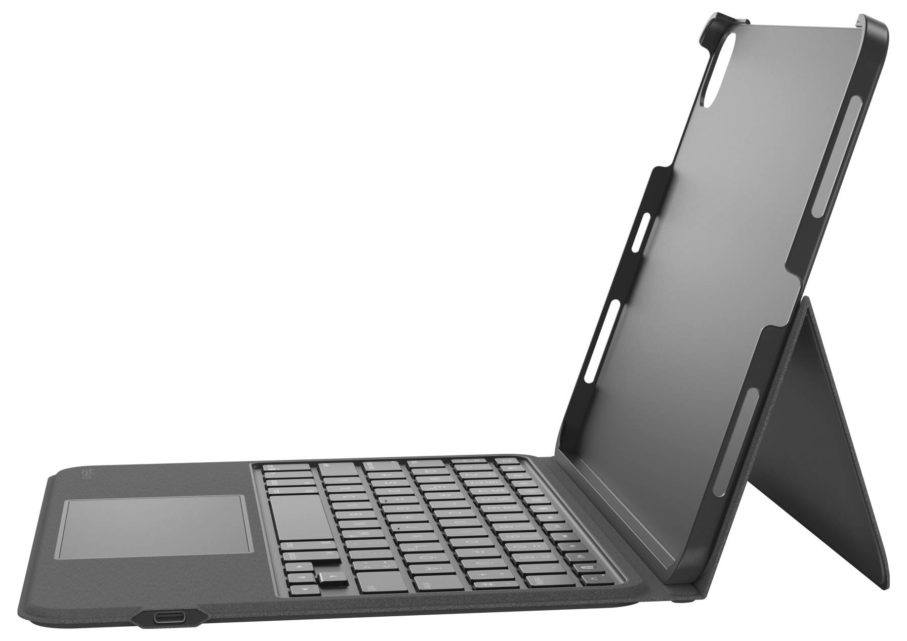 Tablet in einem schwarzen Tastaturgehäuse in Landschaftsausrichtung mit ausklappbarem Ständer, offen auf weißem Hintergrund dargestellt.