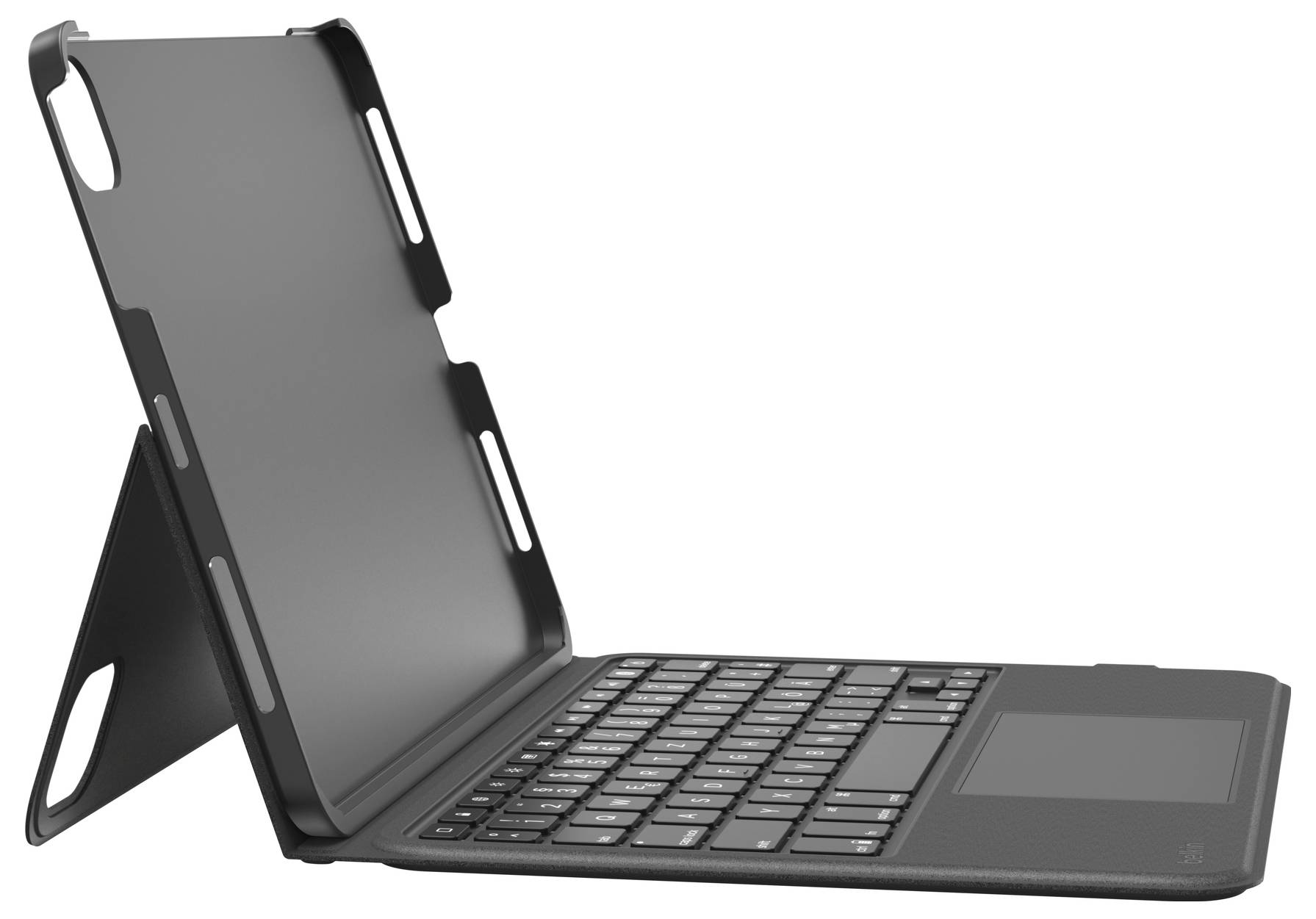 Tablet mit einer Tastatur-Folio-Hülle, die wie ein Laptop aufgeklappt ist, in der Seitenansicht auf weißem Hintergrund dargestellt.