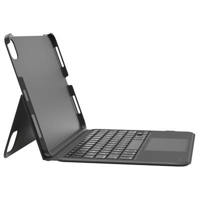 Tablet mit einer Tastatur-Folio-Hülle, die wie ein Laptop aufgeklappt ist, in der Seitenansicht auf weißem Hintergrund dargestellt.