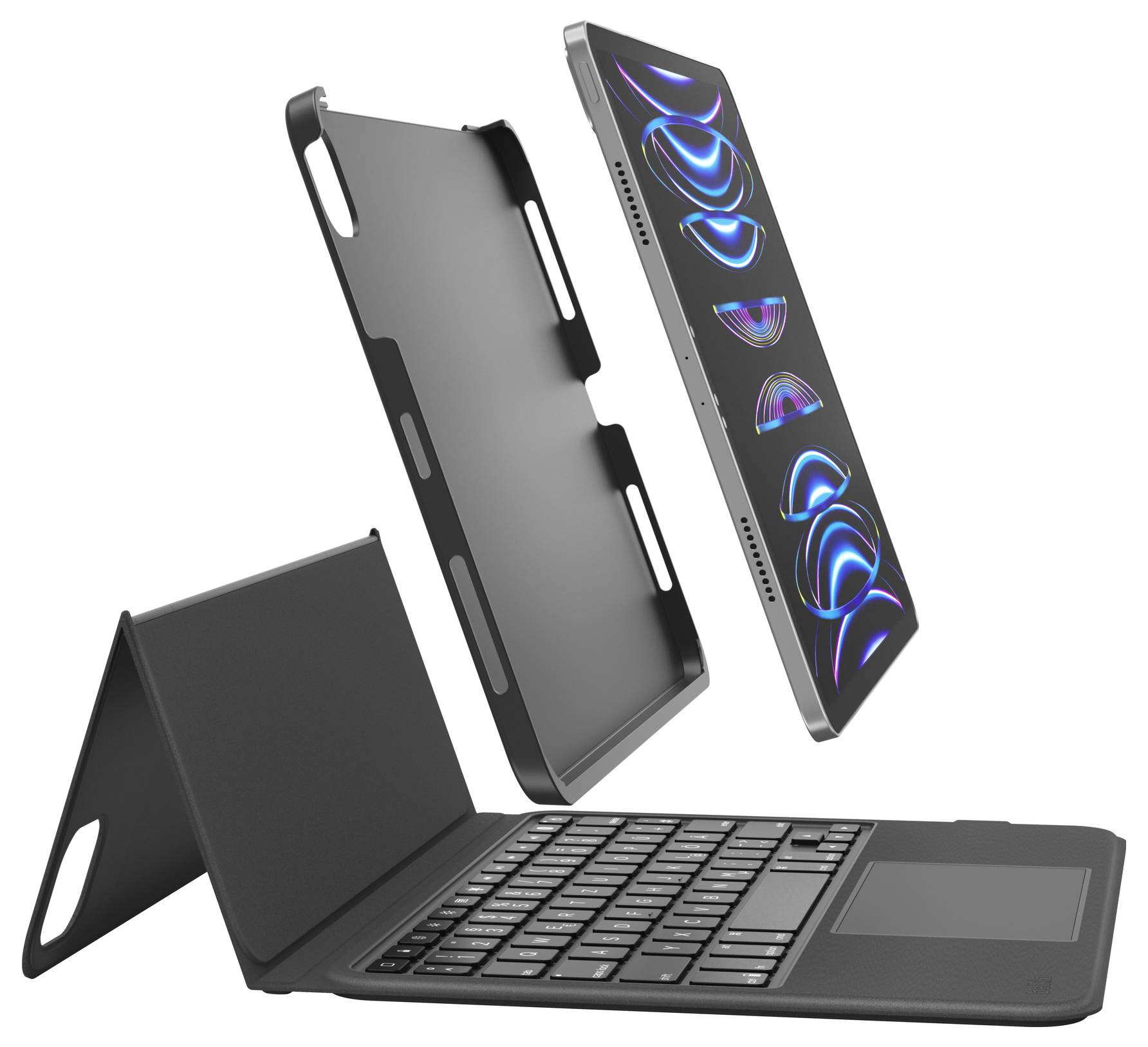 Laptop mit abnehmbarem Schutzgehäuse und Tastaturabdeckung, dargestellt in mehreren Teilen, einschließlich eines schwarzen Klappenständers und eines silbernen tabletähnlichen Geräts mit farbenfrohen Bildschirmgrafiken.