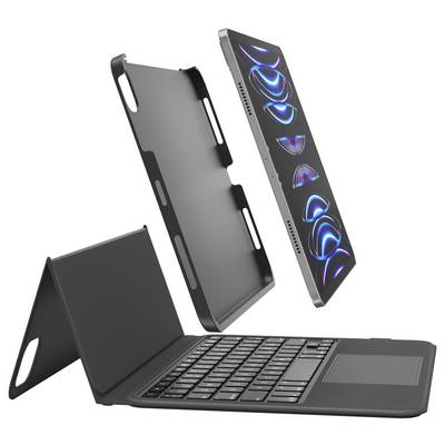 Laptop mit abnehmbarem Schutzgehäuse und Tastaturabdeckung, dargestellt in mehreren Teilen, einschließlich eines schwarzen Klappenständers und eines silbernen tabletähnlichen Geräts mit farbenfrohen Bildschirmgrafiken.