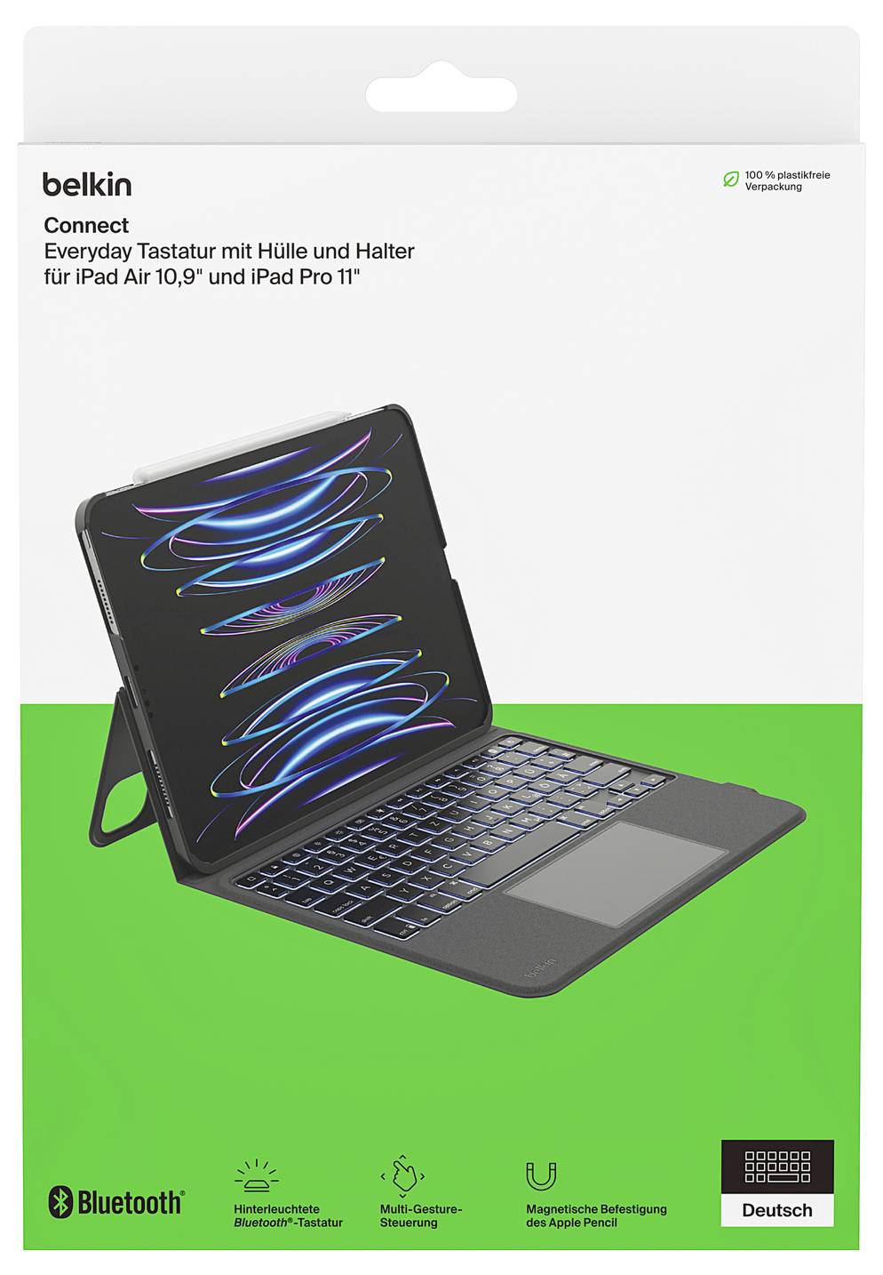 Belkin Connect Alltags-Schutzhülle mit Tastatur und Ständer für iPad Air 10,9 Zoll und iPad Pro 11 Zoll, gezeigt in deutscher Verpackung mit Bluetooth- und deutschem Tastatur-Layout-Symbolen.