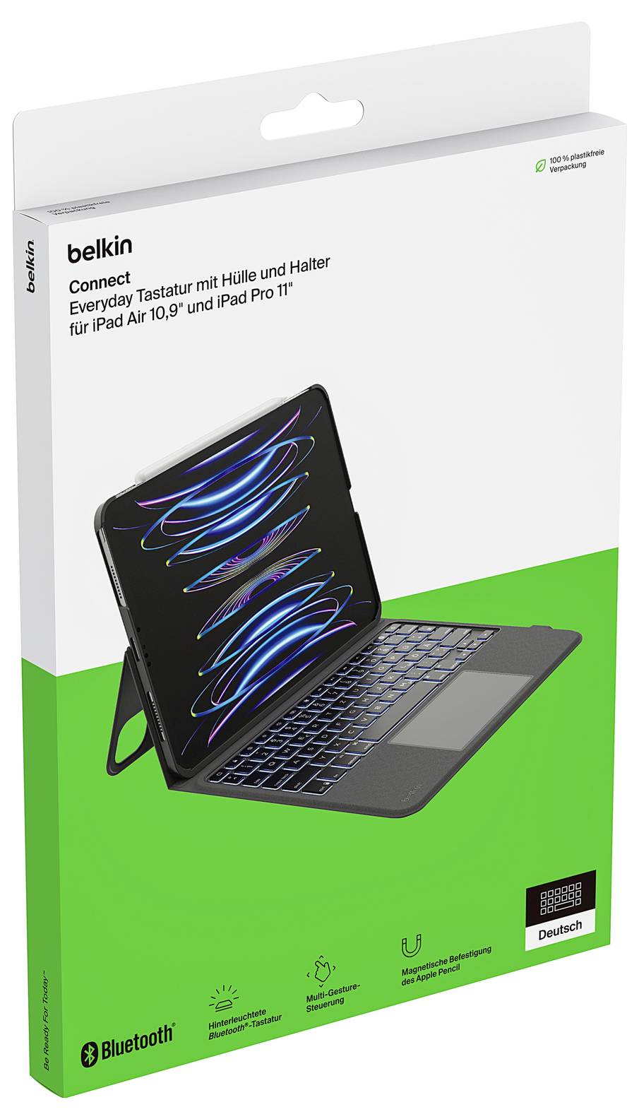 Belkin Connect Tastaturetui-Verpackung für iPad Air 10,9 und iPad Pro 11, die eine schwarze Folio-Tastaturständer und ein Touchpad zeigt.