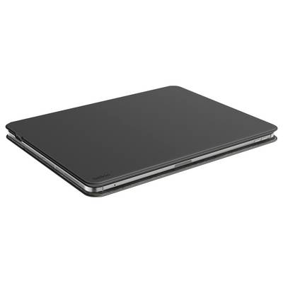 Geschlossener schwarzer Laptop, gezeigt in einer Seitenansicht auf weißem Hintergrund.