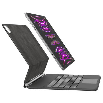Ein Tablet oder Laptop mit abnehmbarem Tastaturgehäuse, geöffnet gezeigt, wobei der Bildschirm schwebt und eine dunkle Schutzabdeckung nach hinten umgeklappt ist.
