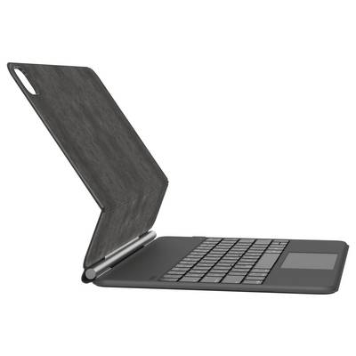 Schwarzer Laptop, teilweise in steilem Winkel aufgeklappt, mit sichtbarer Tastatur, Trackpad und Bildschirm vor weißem Hintergrund.