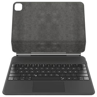 Schwarze Tablet-Tastaturhülle mit integriertem Trackpad und Klappcover, offen auf weißem Hintergrund dargestellt.