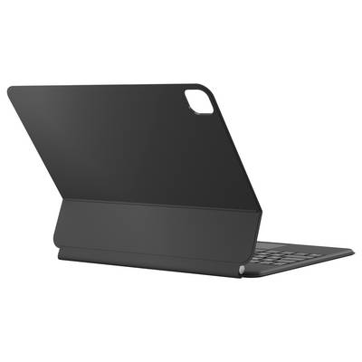 Schwarze Tablet-Tastaturschutzhülle in geöffneter Position mit Klappdeckel und integrierter Tastatur, die am Gerät befestigt ist.
