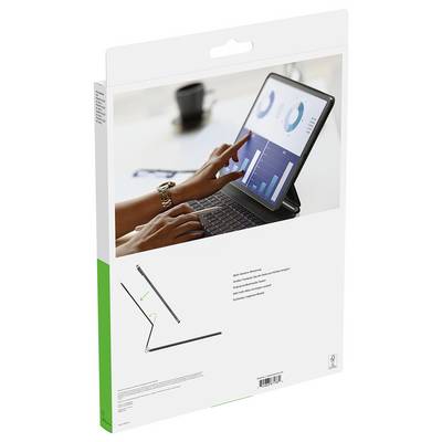 Produktverpackung mit einem Tablet, das Analyse-Dashboards zeigt, und einer Hand, die einen Stylus verwendet, was auf eine digitale Berichts- oder Business-Produktivitäts-App hindeutet.