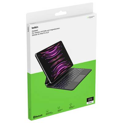 Belkin Connect Pro Ständer für iPad Pro 12,9 Zoll, gezeigt als Tablet-Hülle mit Tastatur und magnetischem Ständer auf der Produktverpackung.