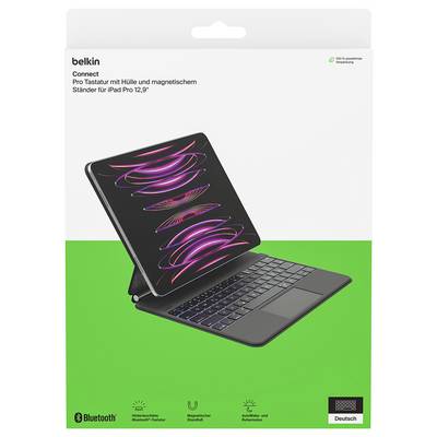 Belkin Connect-Tastaturgehäuse für iPad Pro 12,9 Zoll, aufgeklappt mit magnetischem Ständer und Trackpad auf grünem Hintergrund.