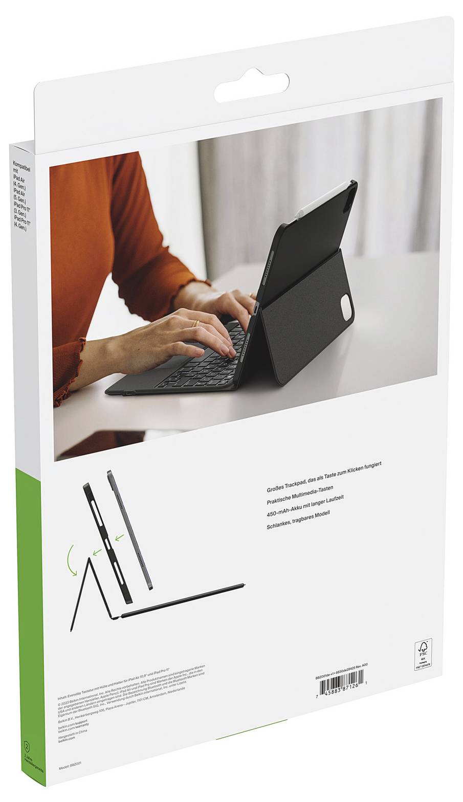 Produktbox, die eine Person zeigt, die auf einem Tablet mit einer faltbaren Schutzhülle mit Tastatur tippt, mit einem Diagramm verstellbarer Betrachtungswinkel und einem Barcode auf der Rückseite.