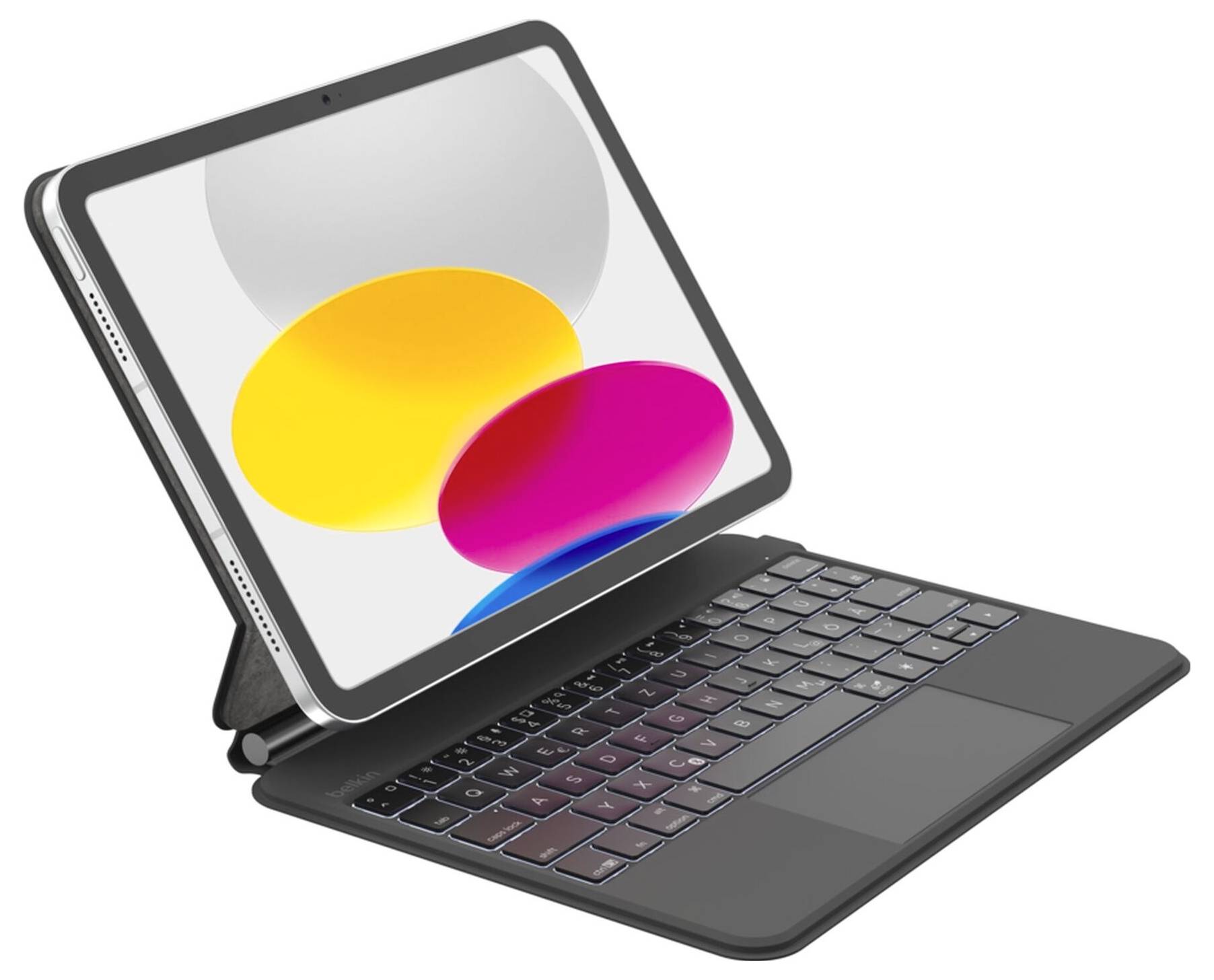 Tablet mit angebrachter Tastaturschutzhülle in Schrägansicht, zeigt bunte abstrakte Kreise auf dem Bildschirm.