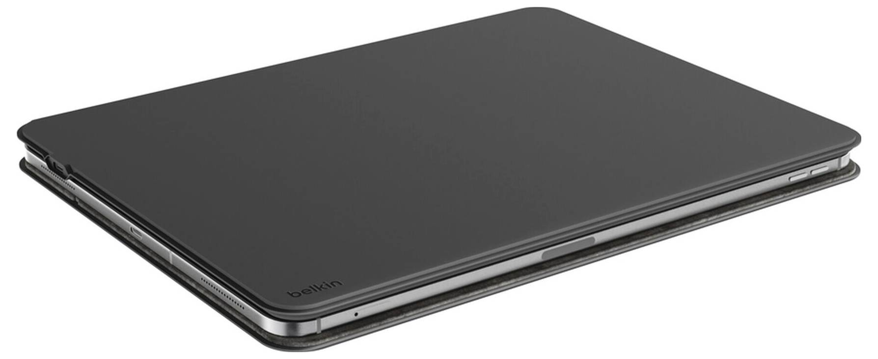 Geschlossener dunkelgrauer Laptop in Dreiviertelsicht auf weißem Hintergrund dargestellt.