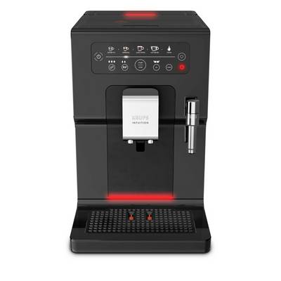 Schwarze KRUPS-Espressmaschine mit automatischer Funktion, beleuchtete Bedienelemente, zentraler Kaffeeauslauf, seitlicher Dampfstab und Auffangschale