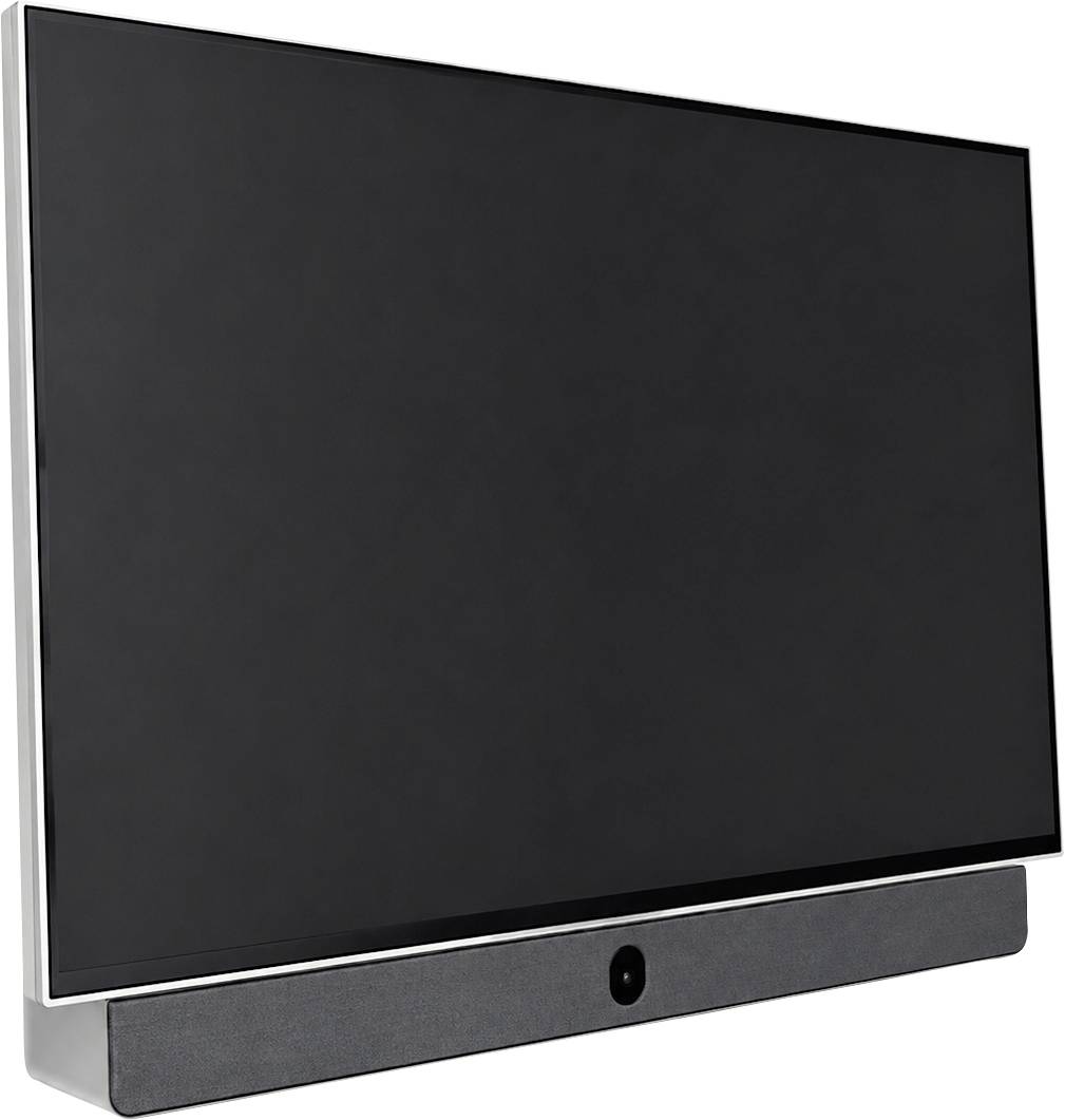 Ein großer Flachbildfernseher mit schwarzem leerem Bildschirm und integrierter Soundbar auf weißem Hintergrund.