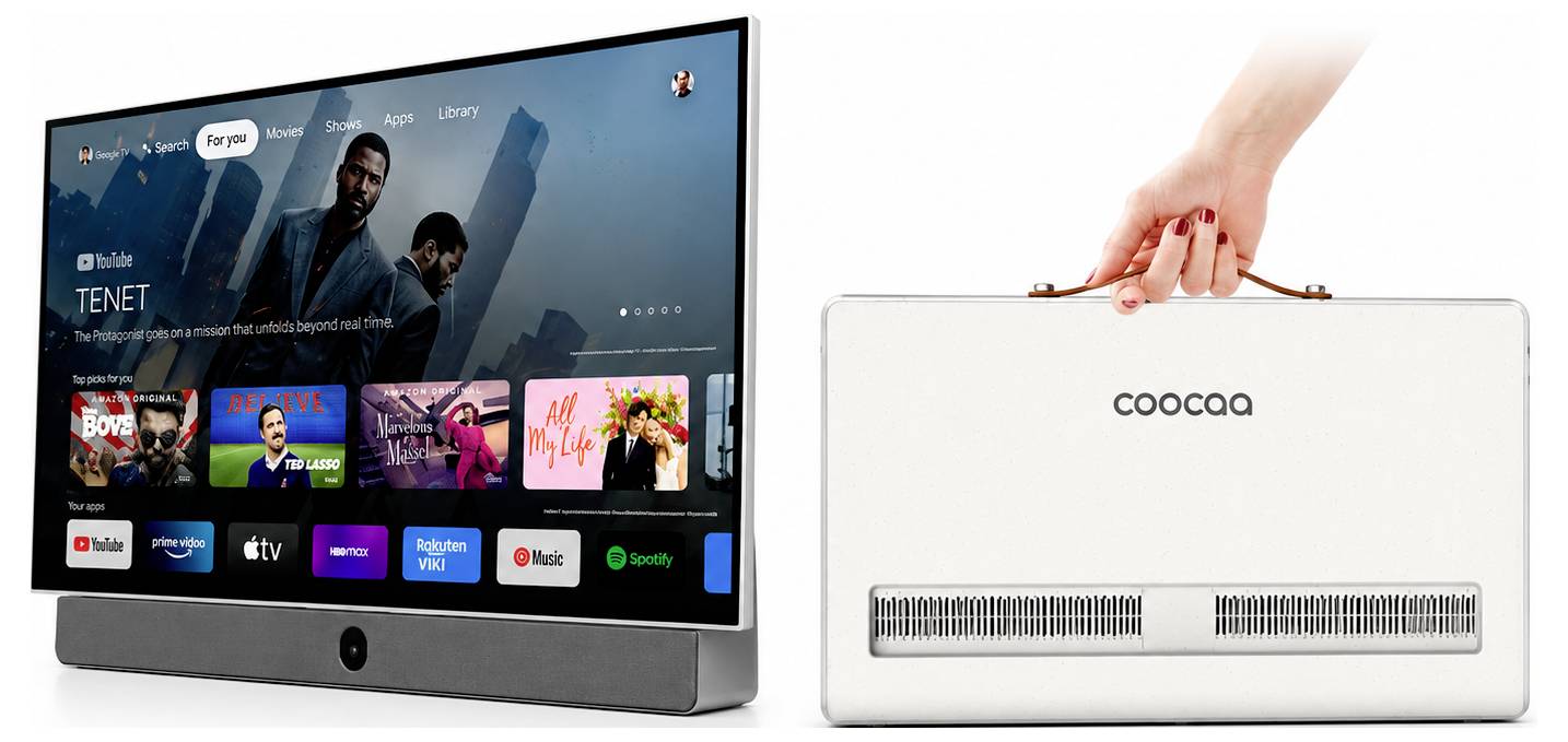 Ein Coocaa Smart TV von vorne und hinten gezeigt, wobei der Bildschirm ein Streaming-Startmenü anzeigt und eine Hand den hinteren Tragegriff hält.