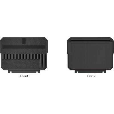 Vorder- und Rückseiten eines schwarzen rechteckigen elektronischen Geräts oder Steckergehäuses mit Befestigungslaschen und einer strukturierten Frontplatte.