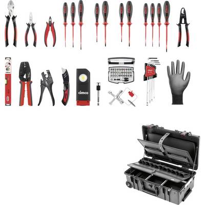 Sortiertes Elektrikerwerkzeugsatz mit Zangen, Schraubendrehern, Prüflampen, Abisolierzangen, Handschuhen, Bits und einem fahrbaren Aufbewahrungskoffer.