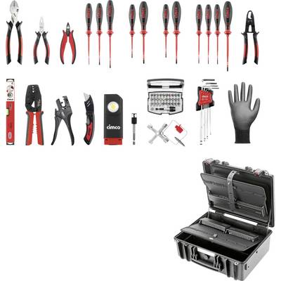 Sortiertes Elektrowerkzeugset mit Zangen, Schraubendrehern, Schneidern, Abisolierzangen, Handschuhen, Bitset, Prüfer, Stirnlampe und Transportkoffer.