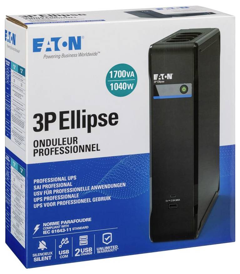 Karton einer EATON 3P Ellipse Professional USV, mit einer Kennzeichnung von 1700VA/1040W, mit einer abgebildeten schwarzen Turmeinheit auf der Vorderseite.