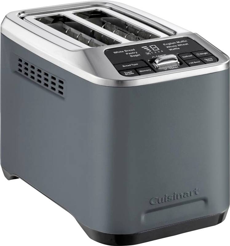 Ein 2-Scheiben-Cuisinart-Edelstahltoaster mit schwarzen Bedienelementen und einem Hebel, gezeigt in einem produktstylisierten Foto.
