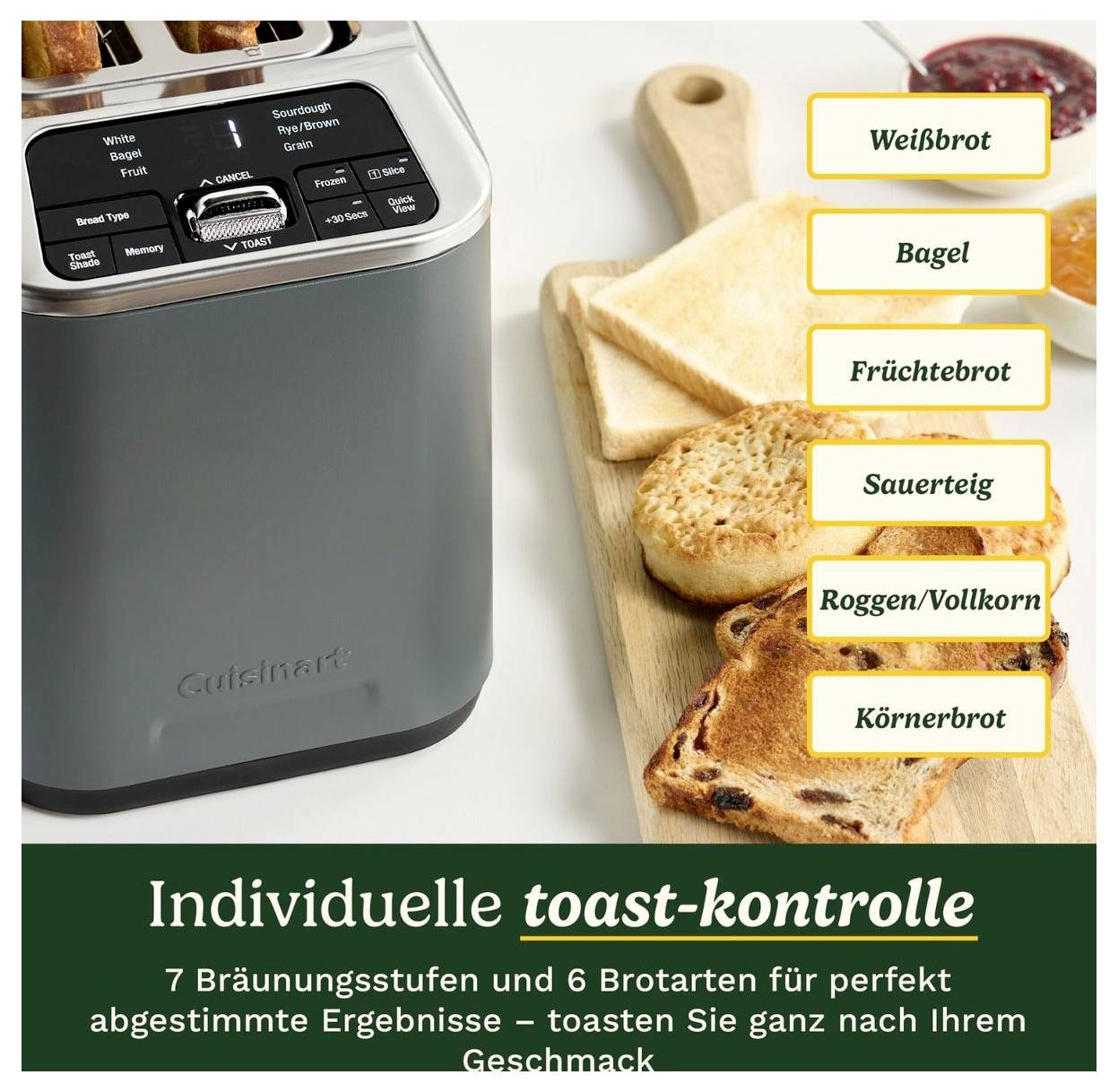 Werbebild eines Toasters neben Brotscheiben; Text wirbt mit 'Individuelle toast-kontrolle', 7 Bräunungsstufen und 6 Brotsorten: Weißbrot, Bagel, Früchtebrot, Sauerteig, Roggen/Vollkorn, Körnerbrot.